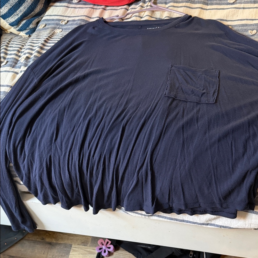 American Eagle Outfitters Navy Long-Sleeve Pocket Top